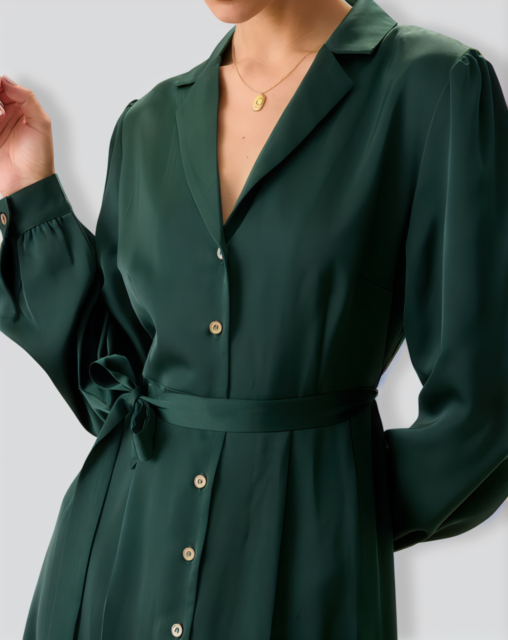 Green Satin Button Midi Dress
