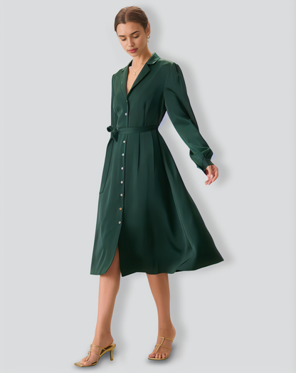 Green Satin Button Midi Dress