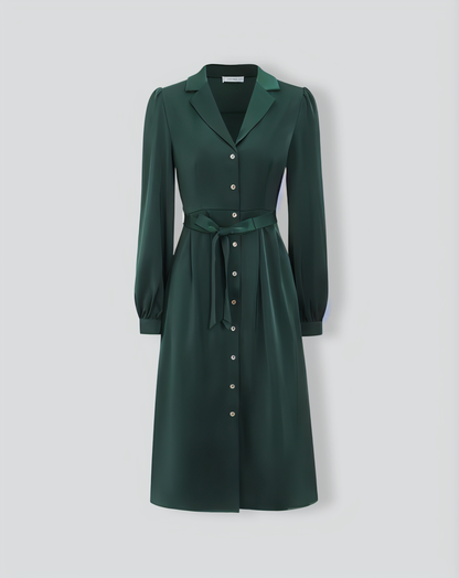 Green Satin Button Midi Dress