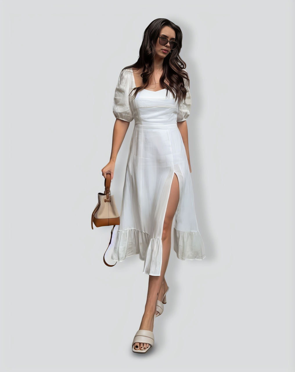 Puff Sleeve Split Hem Midi Dress