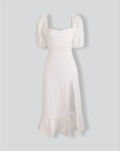 Puff Sleeve Split Hem Midi Dress