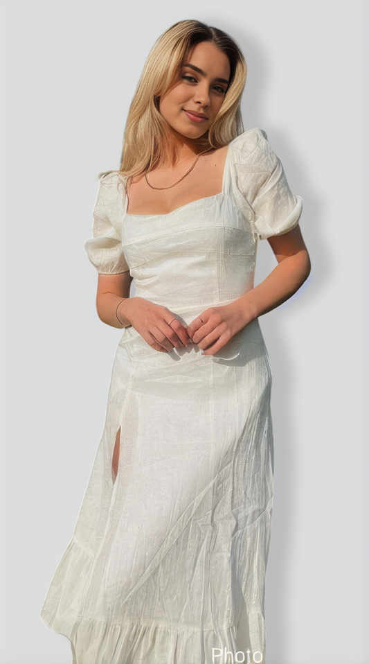 Puff Sleeve Split Hem Midi Dress