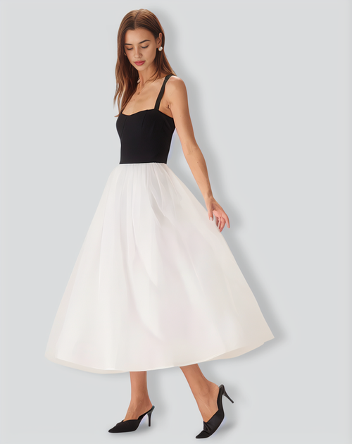 Black Contrast Sweetheart Neck Midi Dress