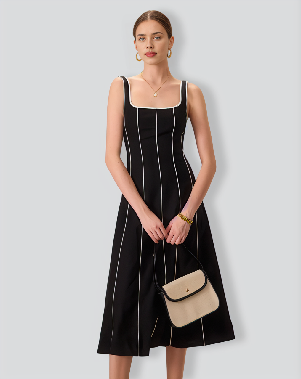 The Black Square Neck Contrast Midi Dress