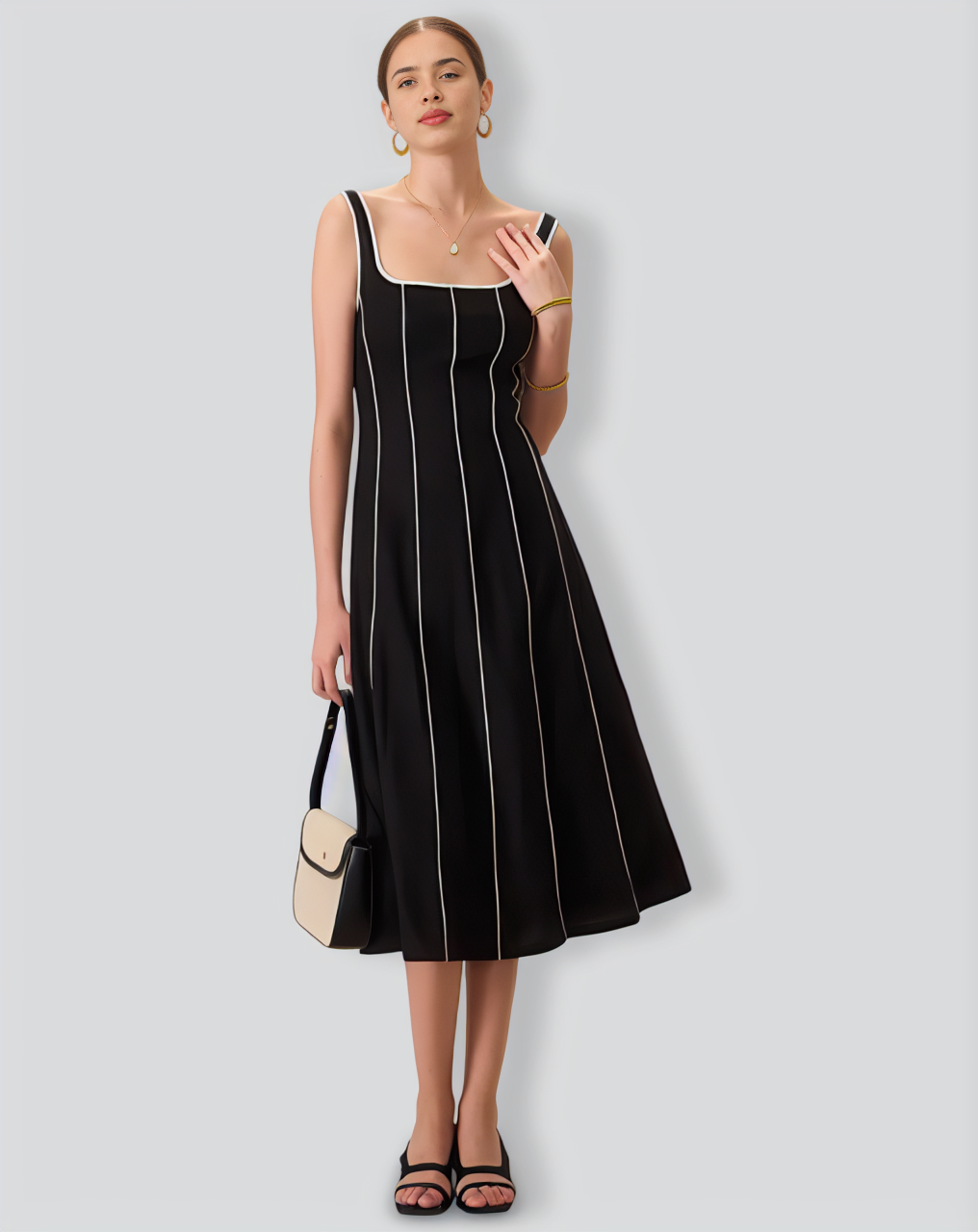 The Black Square Neck Contrast Midi Dress