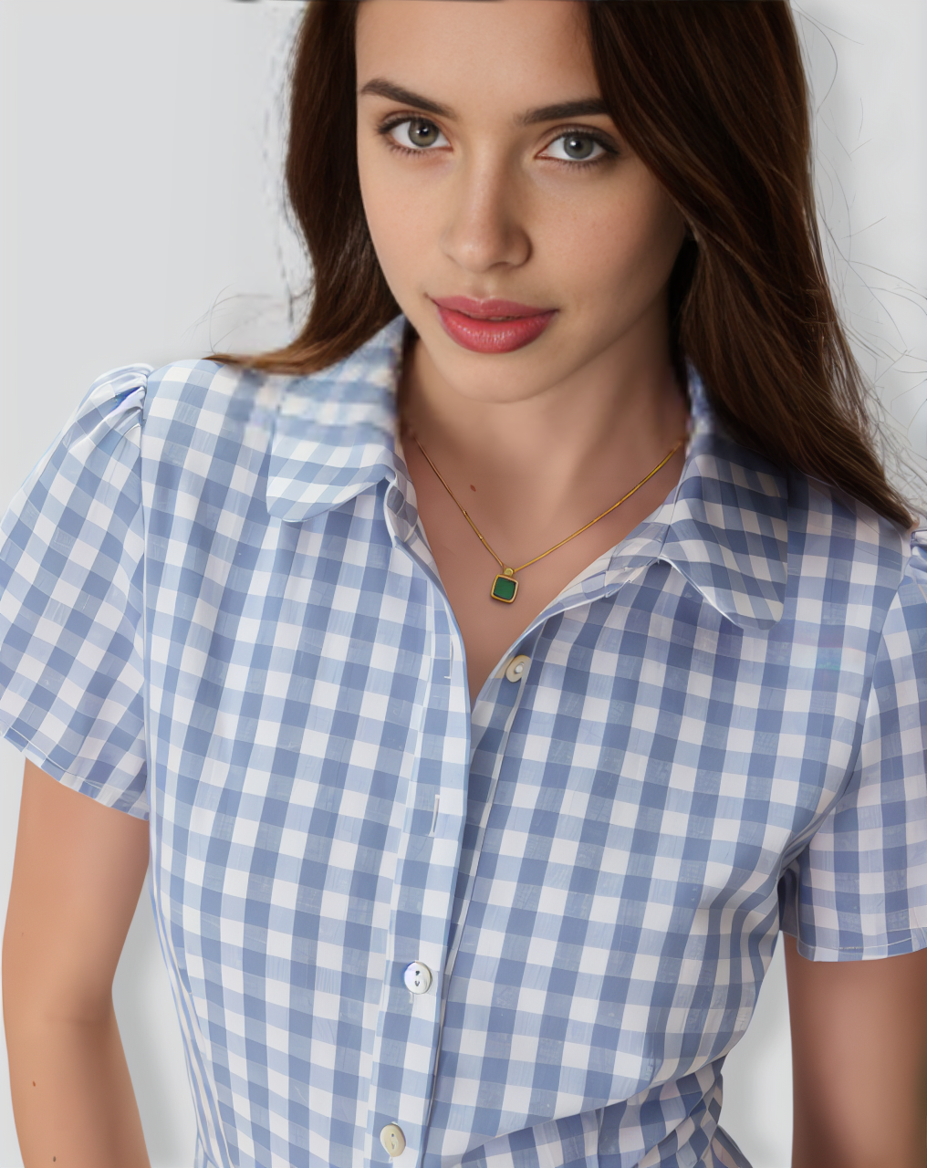 Women's Blue Plaid Lapel Cotton Mini Dress