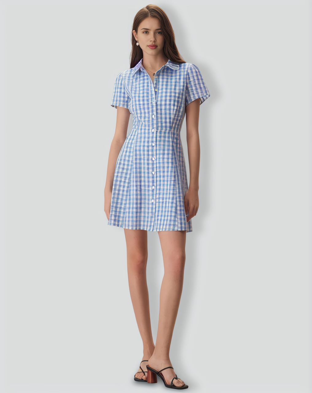 Women's Blue Plaid Lapel Cotton Mini Dress