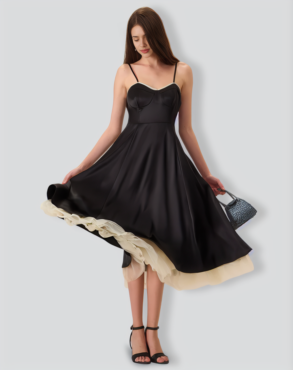 Women's Black Splicing Satin Slip Midi Dress