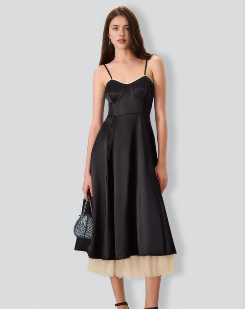 Women's Black Splicing Satin Slip Midi Dress
