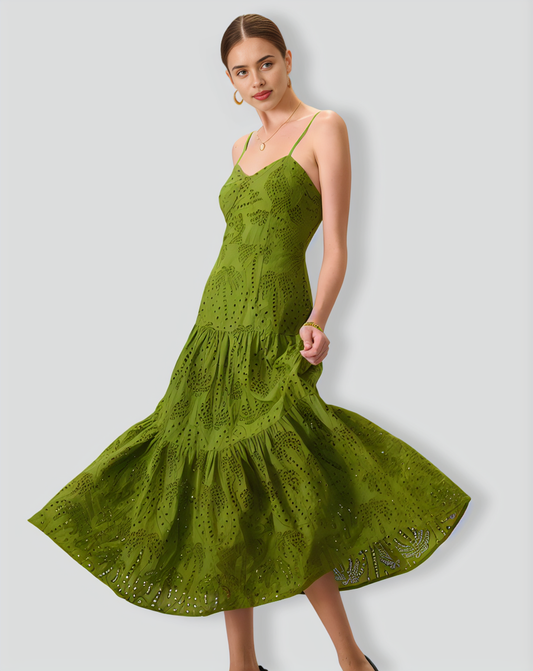 The Green Sweetheart Neck Embroidery Slip Midi Dress