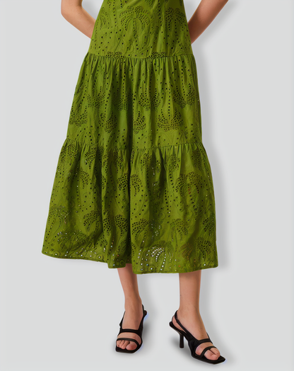 The Green Sweetheart Neck Embroidery Slip Midi Dress