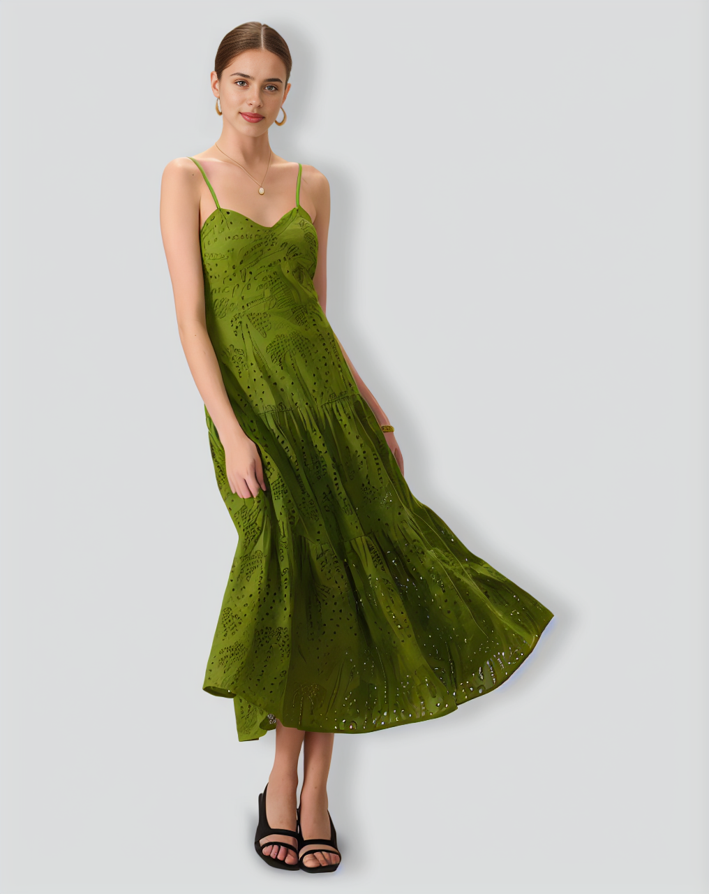 The Green Sweetheart Neck Embroidery Slip Midi Dress