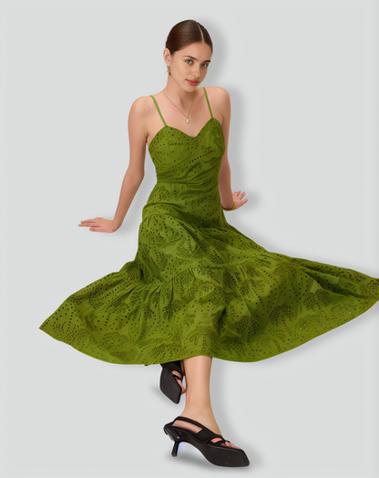 The Green Sweetheart Neck Embroidery Slip Midi Dress
