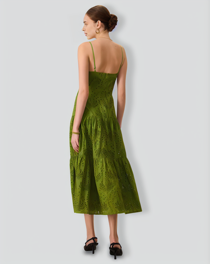 The Green Sweetheart Neck Embroidery Slip Midi Dress
