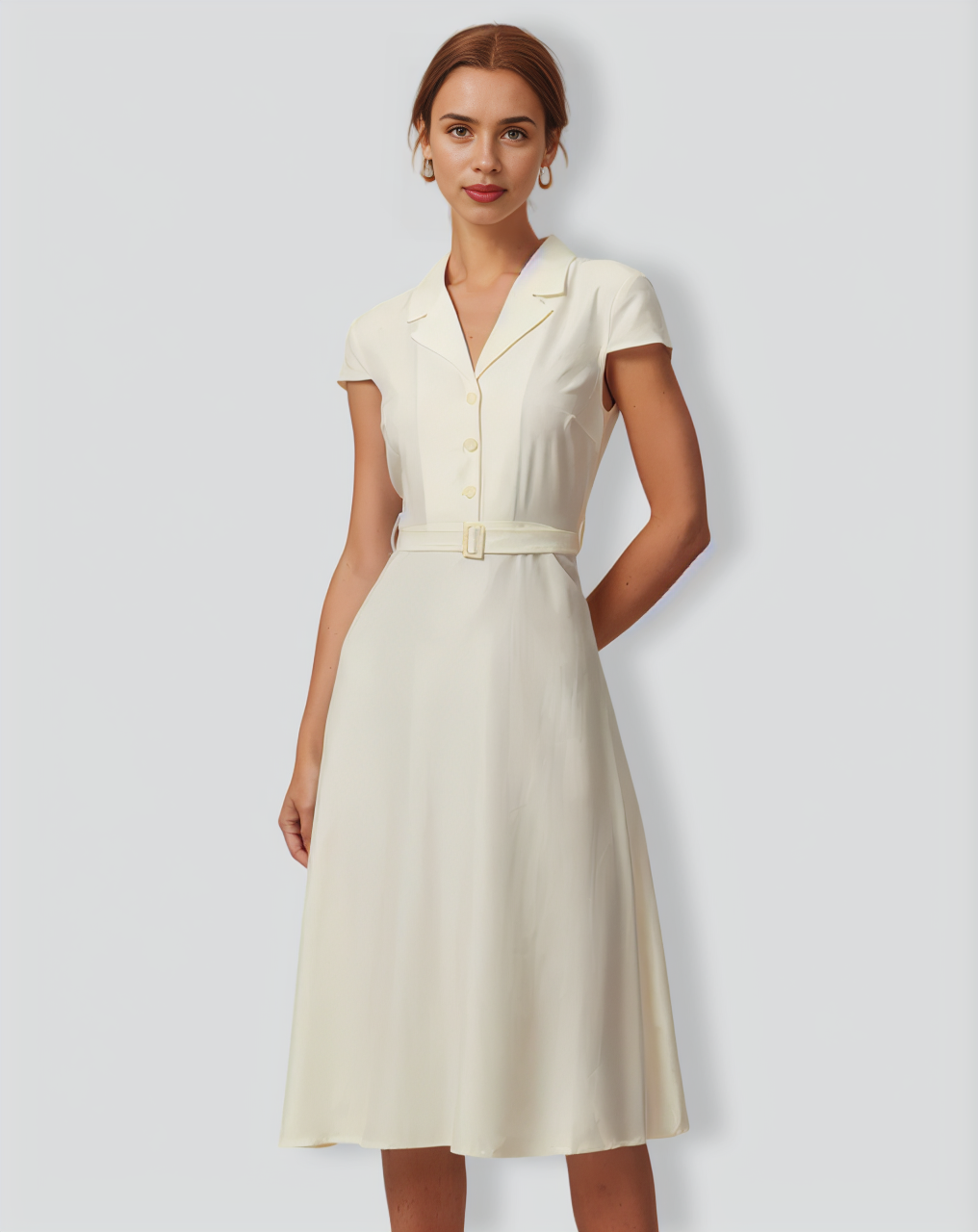 The Beige Lapel Cap Sleeve Shirt Midi Dress