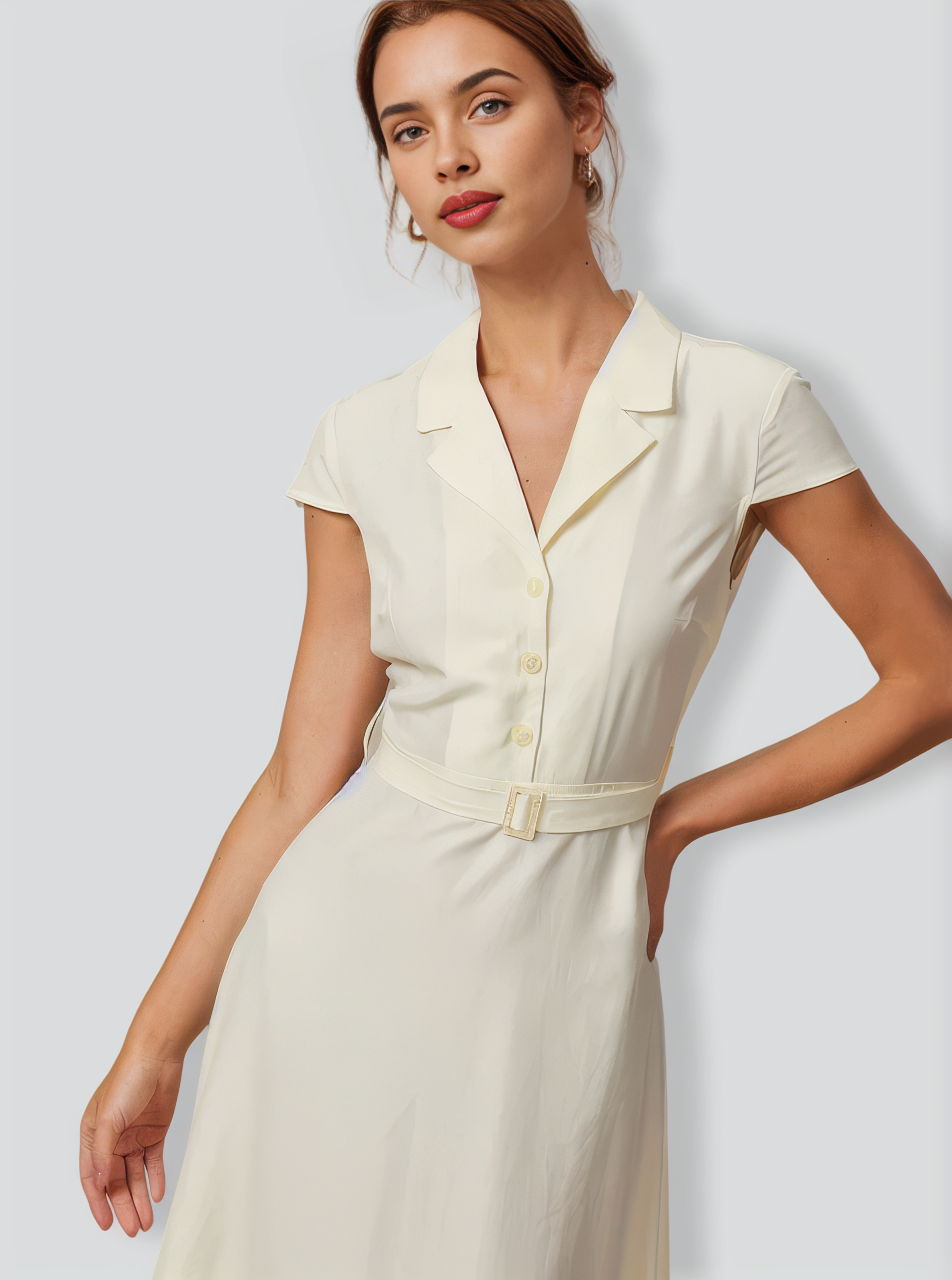 The Beige Lapel Cap Sleeve Shirt Midi Dress