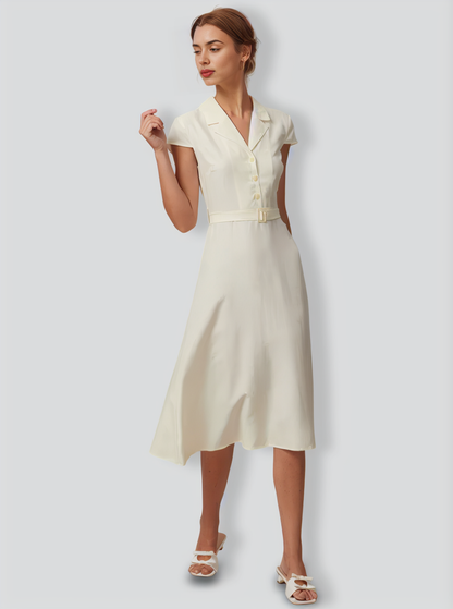 The Beige Lapel Cap Sleeve Shirt Midi Dress