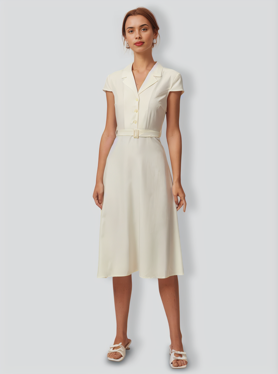 The Beige Lapel Cap Sleeve Shirt Midi Dress