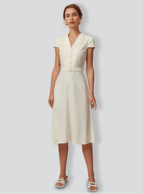 The Beige Lapel Cap Sleeve Shirt Midi Dress