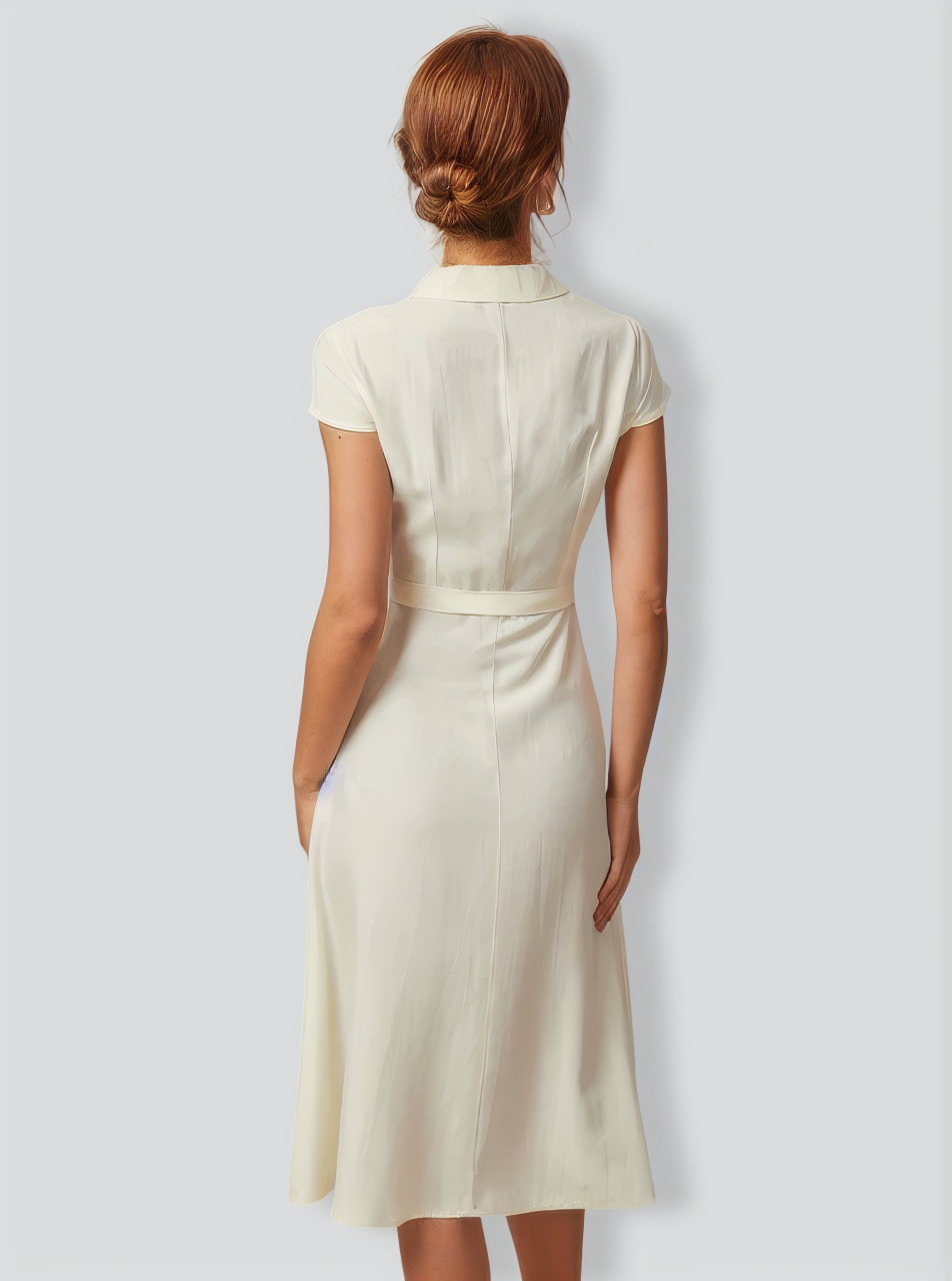 The Beige Lapel Cap Sleeve Shirt Midi Dress