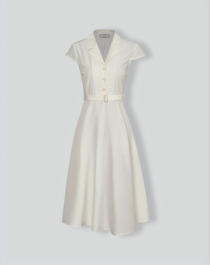 The Beige Lapel Cap Sleeve Shirt Midi Dress