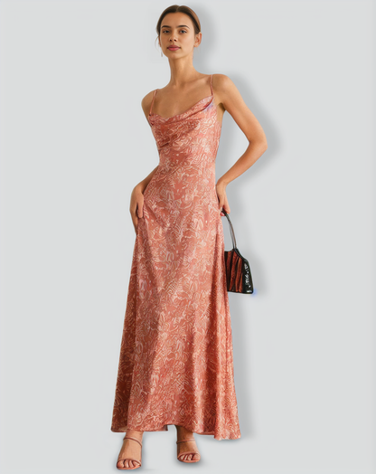 The Light Orange Cowl Neck Floral Maxi Dress