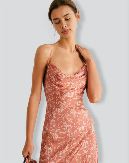 The Light Orange Cowl Neck Floral Maxi Dress