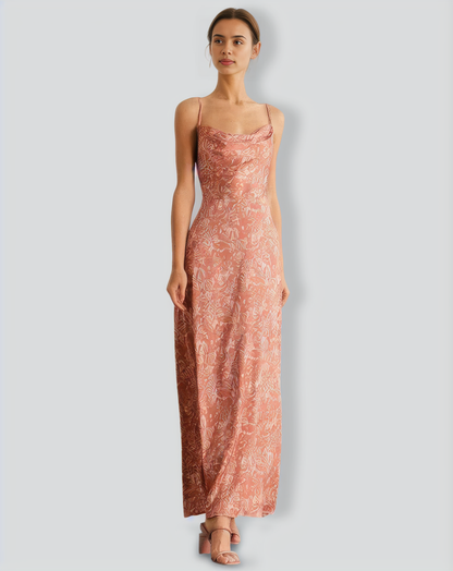The Light Orange Cowl Neck Floral Maxi Dress