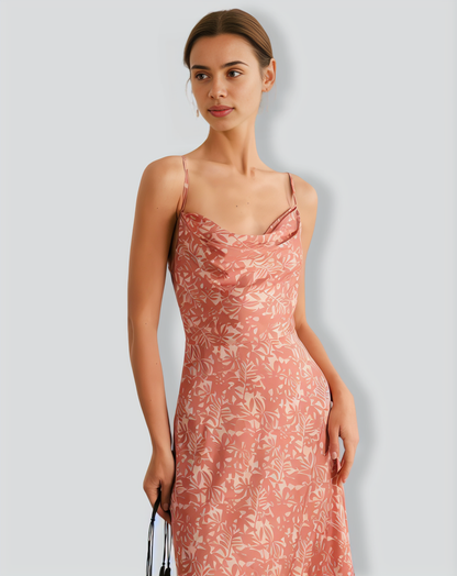 The Light Orange Cowl Neck Floral Maxi Dress