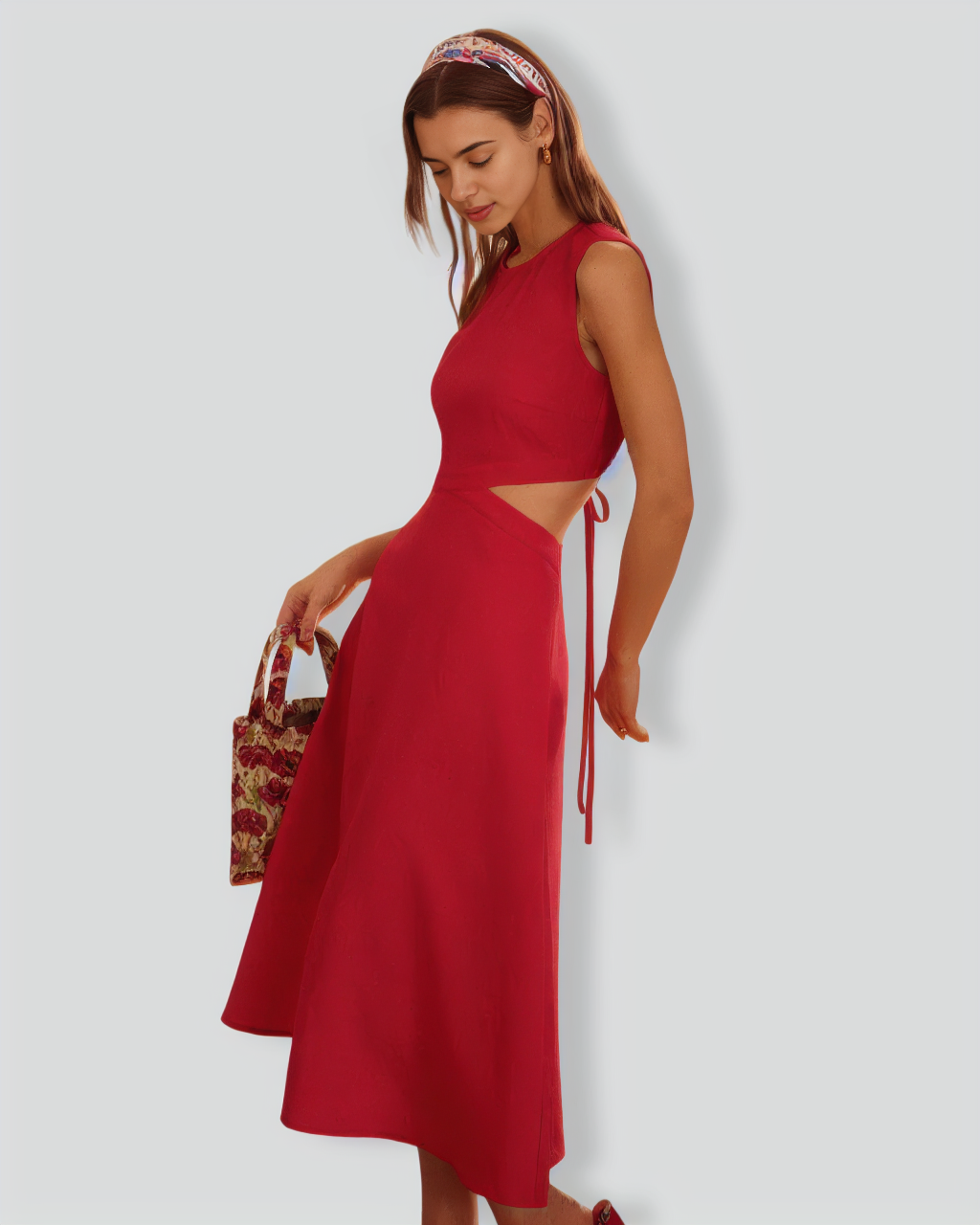 The Red Round Neck Cut-Out Midi Dress