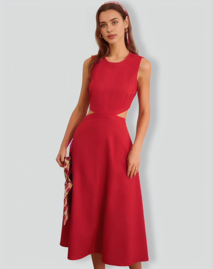 The Red Round Neck Cut-Out Midi Dress
