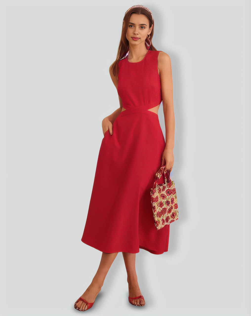 The Red Round Neck Cut-Out Midi Dress
