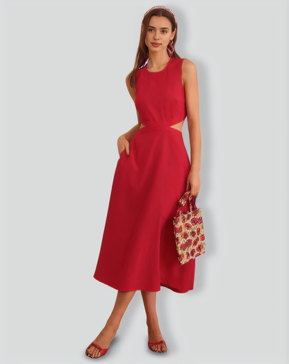 The Red Round Neck Cut-Out Midi Dress