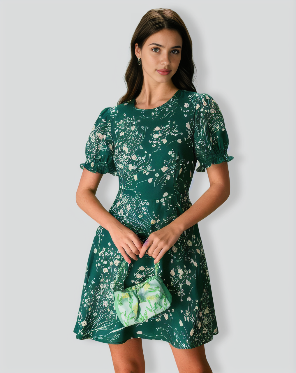 The Green Round Neck Floral Mini Dress