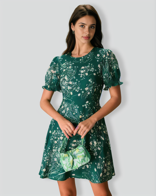 The Green Round Neck Floral Mini Dress