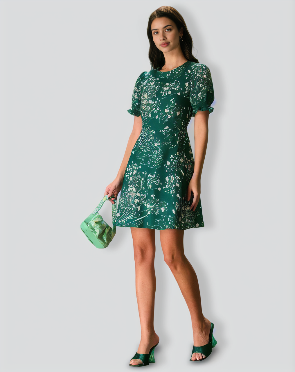 The Green Round Neck Floral Mini Dress