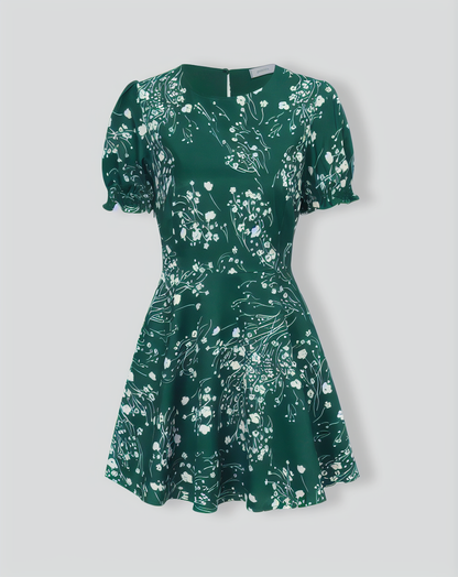 The Green Round Neck Floral Mini Dress