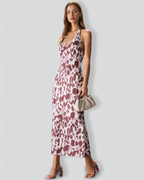 The Coffee V Neck Floral Backless Maxi Dress