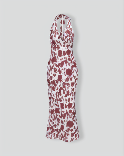 The Coffee V Neck Floral Backless Maxi Dress