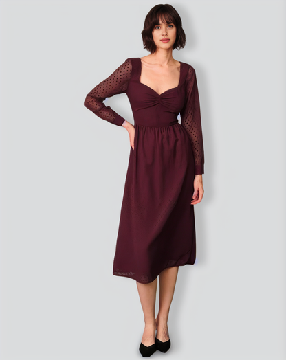 The Sweetheart Neckline Sheer Sleeve Midi Dress