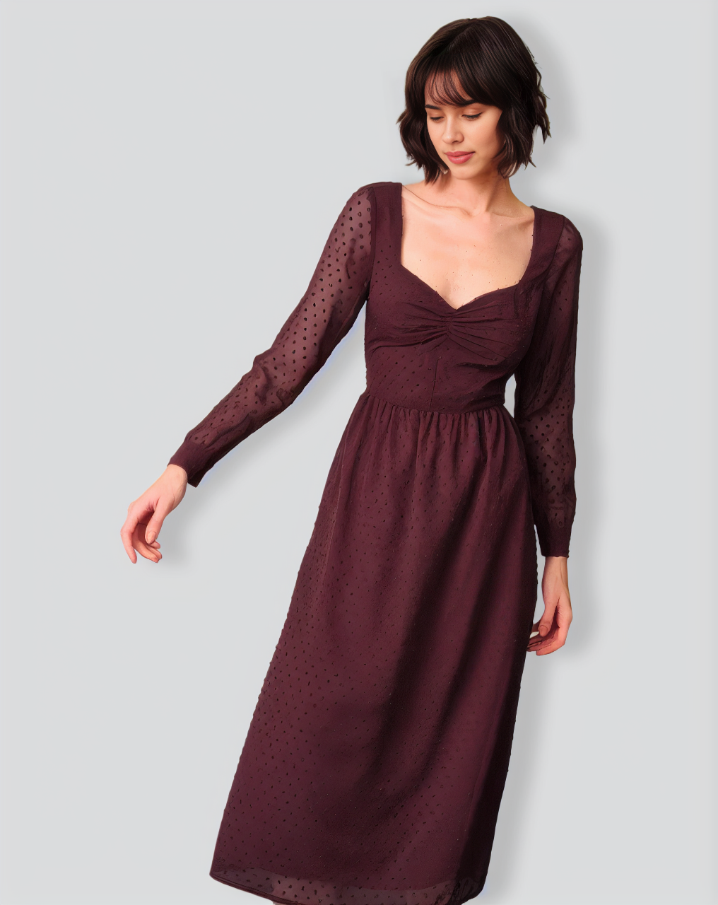 The Sweetheart Neckline Sheer Sleeve Midi Dress