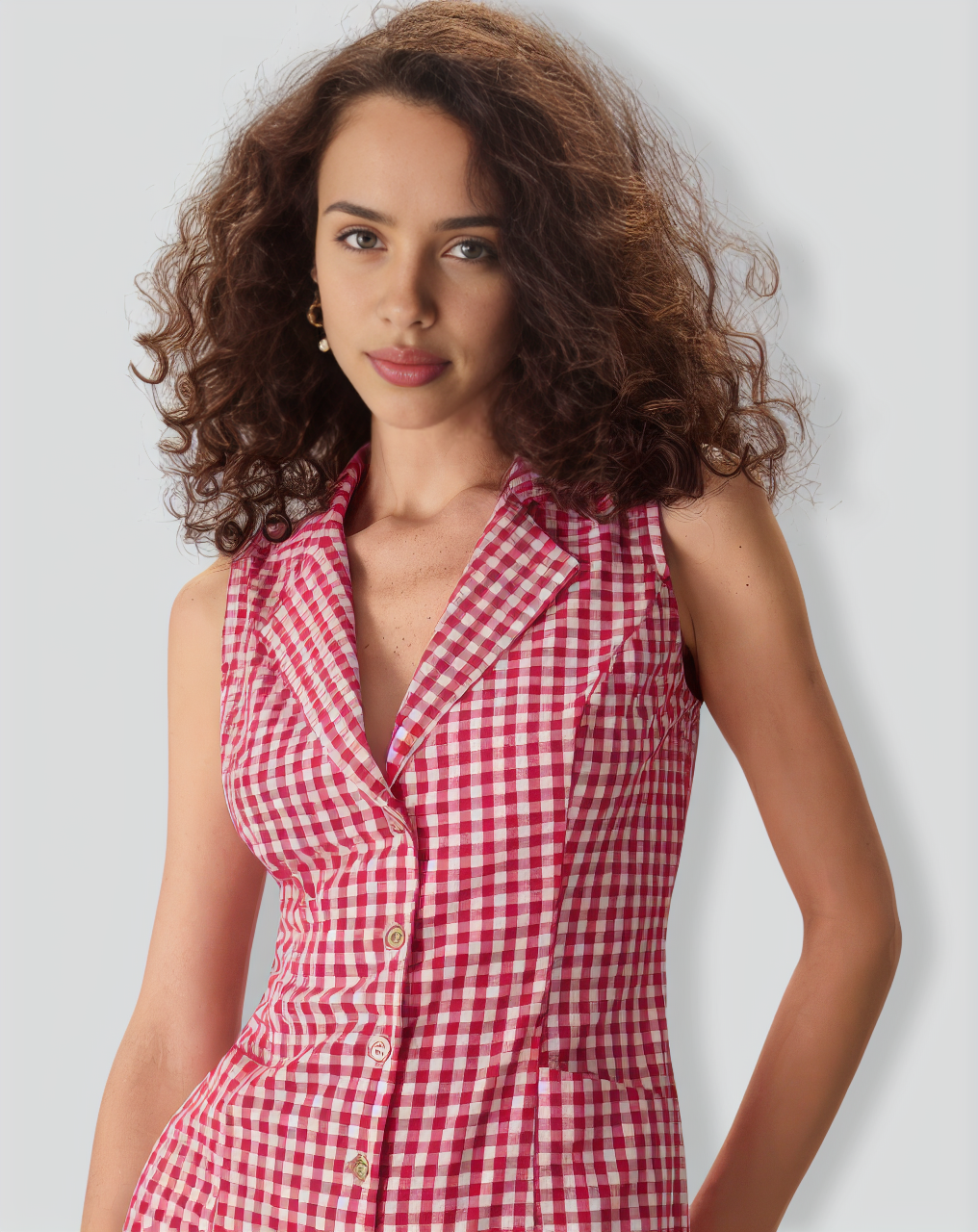 The Lapel Plaid Sleeveless Cotton Pocket Mini Dress
