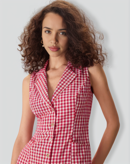 The Lapel Plaid Sleeveless Cotton Pocket Mini Dress