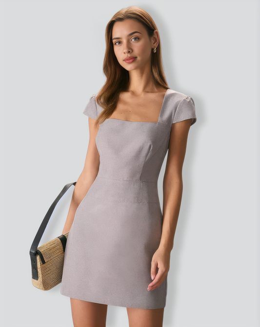 The Grey Square Neck Cap Sleeve Mini Dress