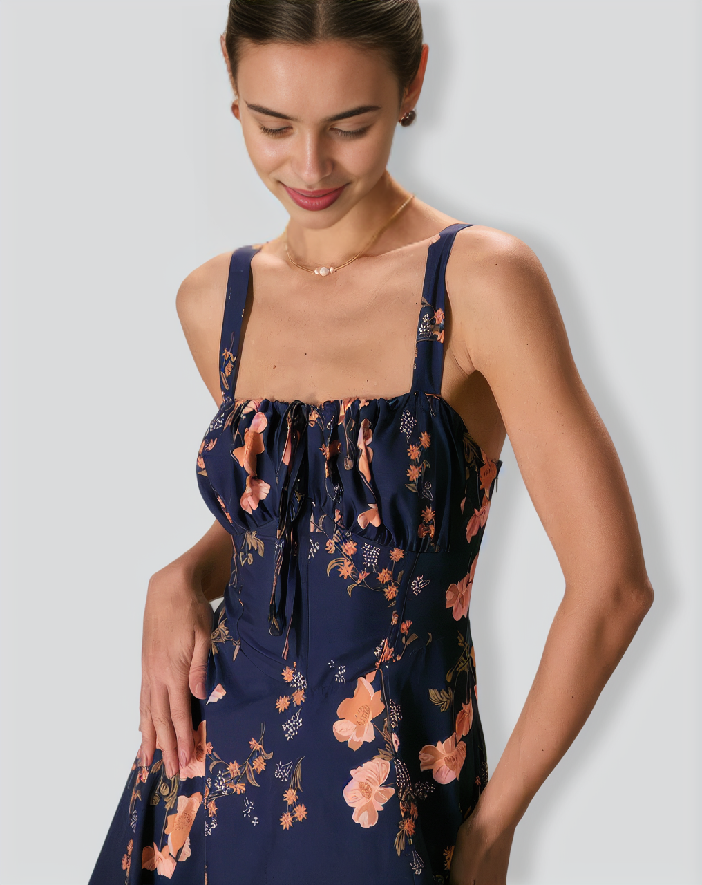 The Navy Lace Up Floral Ruched Midi Dress