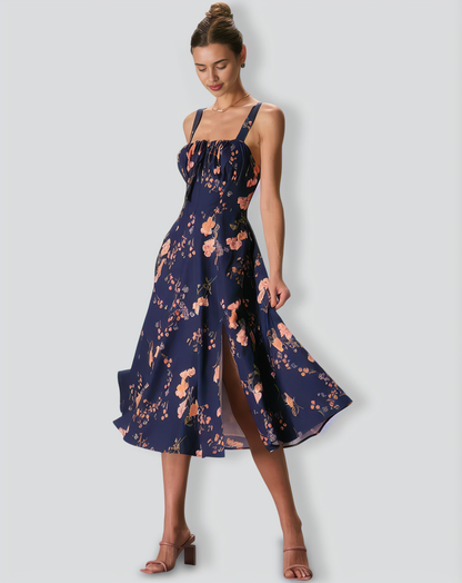 The Navy Lace Up Floral Ruched Midi Dress