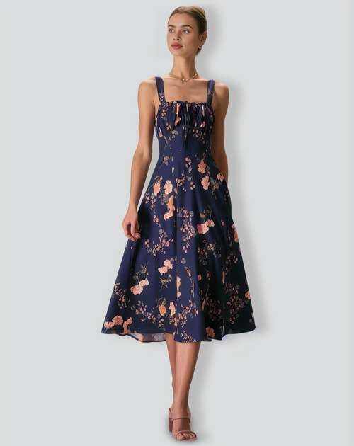 The Navy Lace Up Floral Ruched Midi Dress
