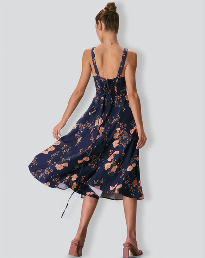 The Navy Lace Up Floral Ruched Midi Dress