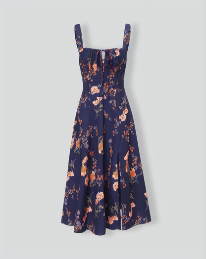 The Navy Lace Up Floral Ruched Midi Dress