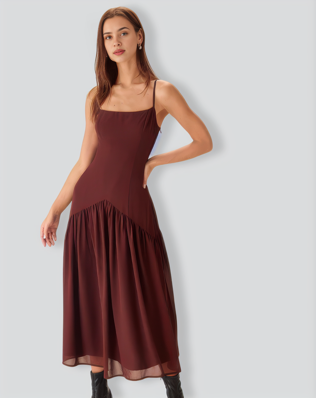 Brown Chiffon Ruched Slip Midi Dress